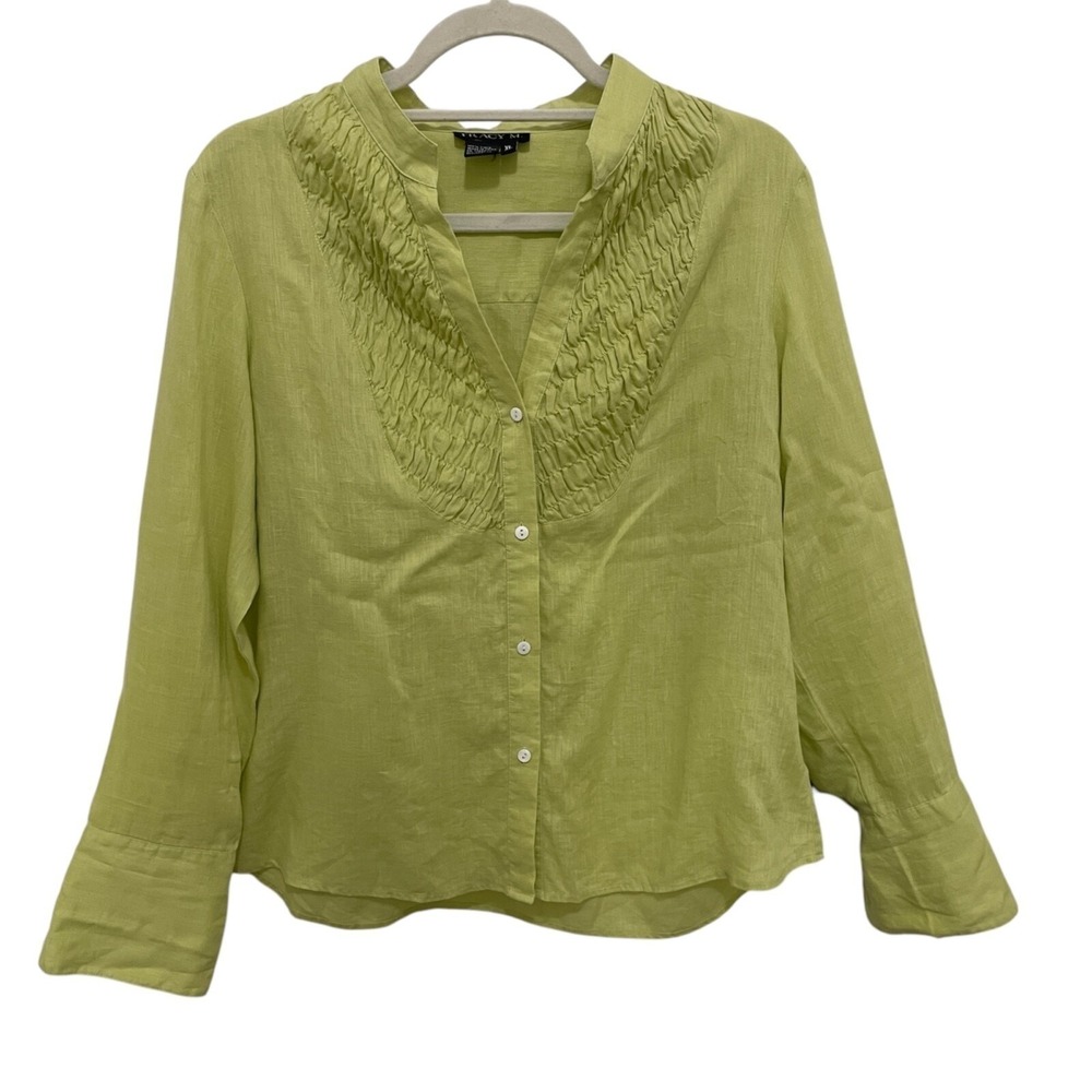Tracy M‎ Linen Button Down Blouse Womens XL Lime Green Vacation Summer Coastal